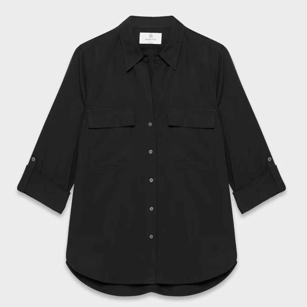 Babaton Button Down Shirt Women XS Black Lyocell Roll-Tab Utility Top